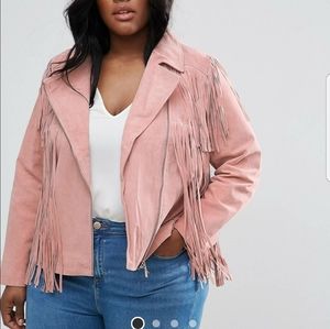 ASOS Curve US 20 Pink Suede Fringed Moto Jacket